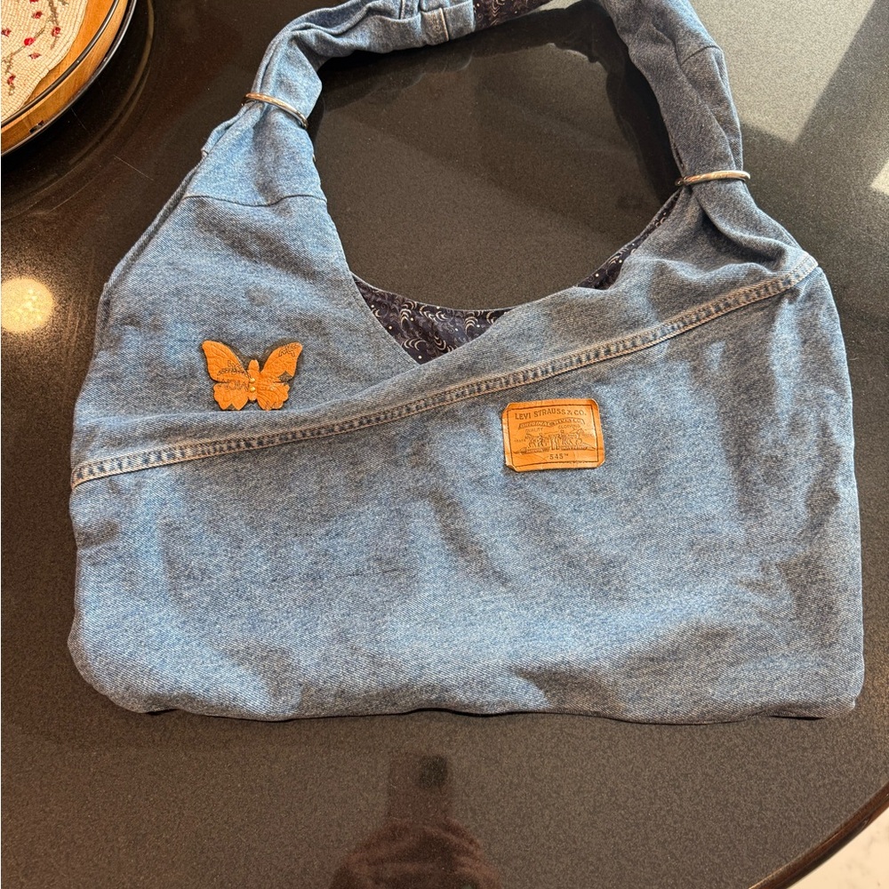 Denim Shoulder Bag with Butterfly Patch